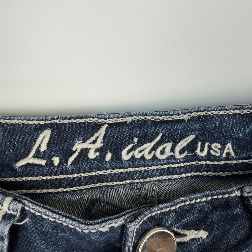 Y2K L.A. Idol USA Jeans Size 11 W33 L31.5 Rhinestone Fleur De Lis Bling Denim - Picture 8 of 14
